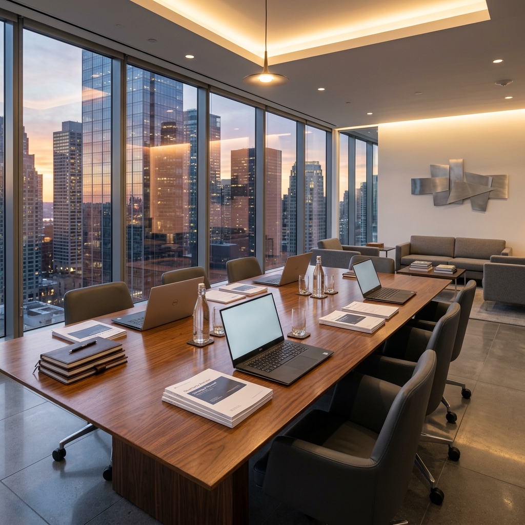 A modern corporate consulting office with floor-to-ceiling glass windows overlooking a city skyline at golden hour, sleek minimalist furniture, a polished conference table with laptops and documents, warm ambient lighting, professional business atmosphere, photorealistic, no people visible